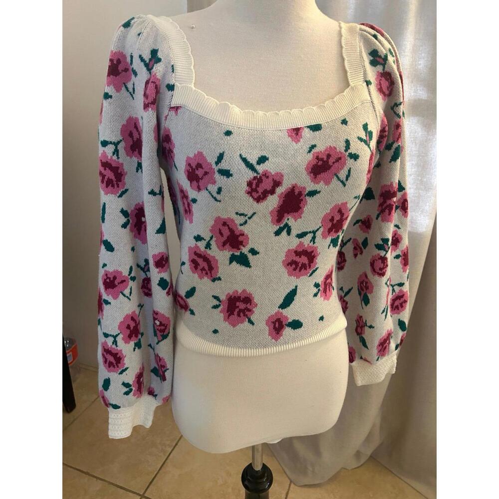 Willow & Wind Rose Floral Cropped Sweater Puff Sleeves Coquette Cottagecore Size